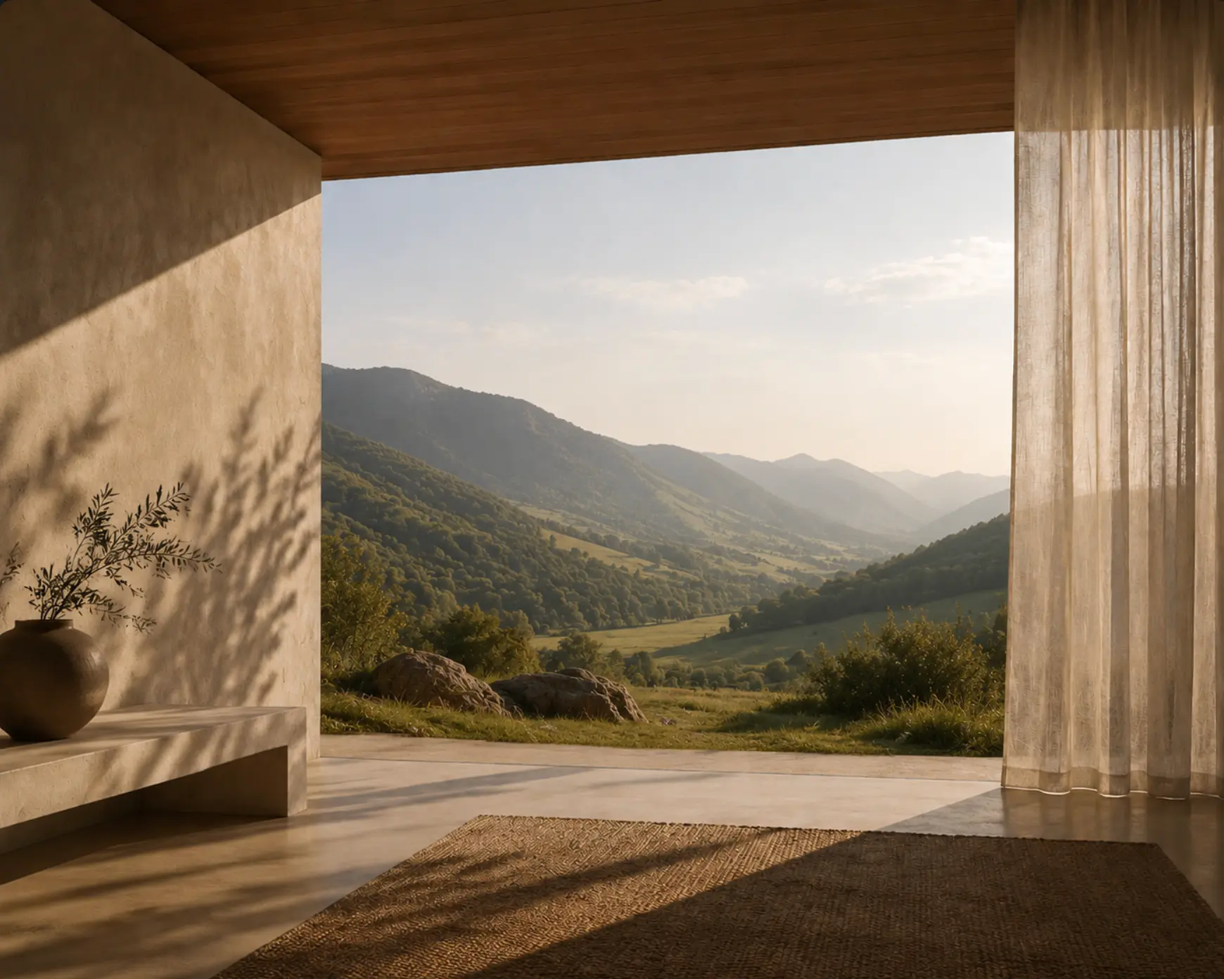 Interior minimalista com luz natural e vista para a montanha